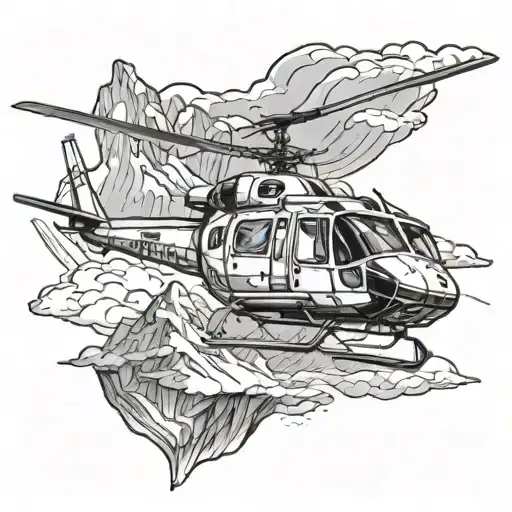 Create a tattoo design that includes skiing, a huey helicopter, a gulf stream jet, and mountains tattoo design idea