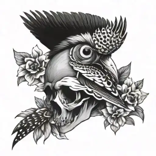 woodpecker, skull, flowers tattoo design idea