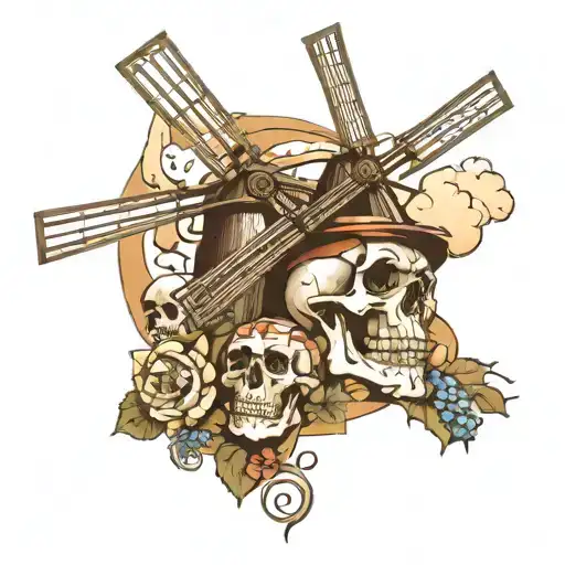 Dutch windmill skull path leading towards tattoo design idea