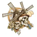 Dutch windmill skull path leading towards tattoo design idea