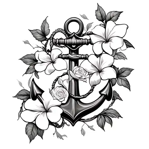 a fouled anchor with plumeria and rose vine causing the fouling, two plumeria's and a rose at the base of the anchor, ha tattoo design idea