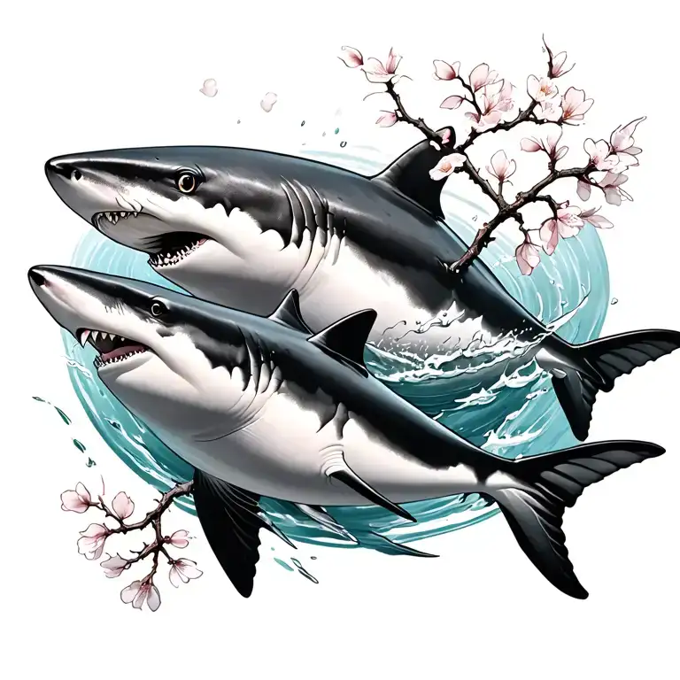 overhead view of sharks swimming with a cherry blossom branch tattoo design idea