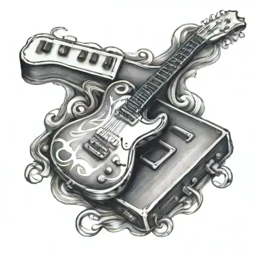 guitar, harmonica, train tattoo design idea
