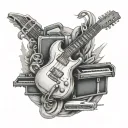 guitar, harmonica, train tattoo design idea