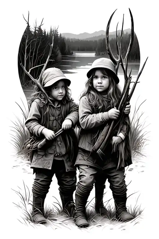hunting scene featuring children tattoo design idea