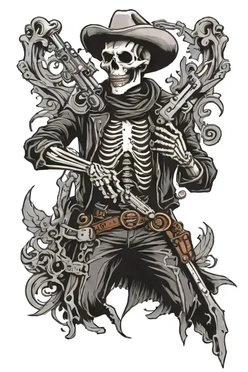cowboy skeleton holding a revoler in both hands across his chest tattoo design idea