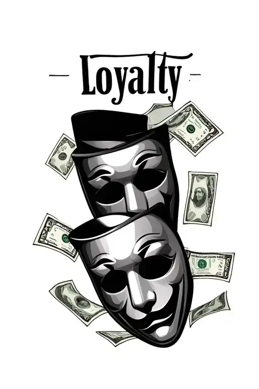 theater masks animated with bills around it and the word "loyalty" at the top tattoo design idea