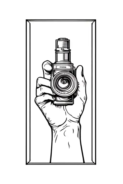 3D realistic image of one hand holding a canon chamber, with rectangular background and totally in non -dimensional black tattoo design idea