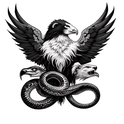 tribal tattoo of a lion, eagle and python for the forearm  tattoo design idea