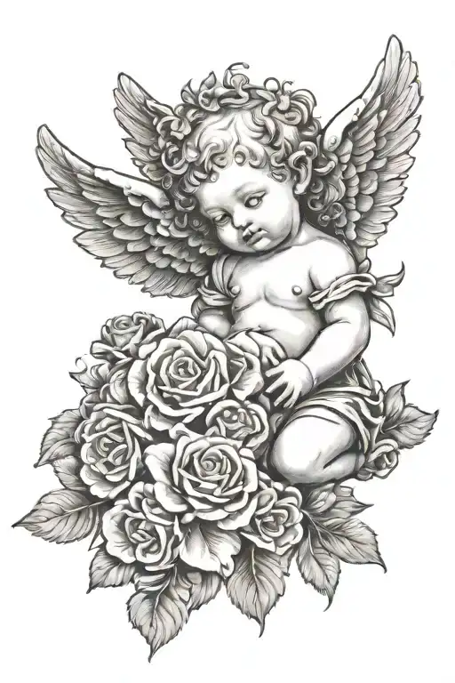 cherub holding flowers tattoo design idea