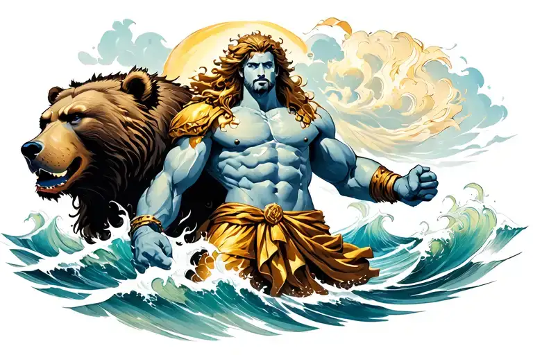 A powerful tattoo design featuring Neptune, the Roman god of the sea, depicted as a muscular warrior with a flowing bear tattoo design idea