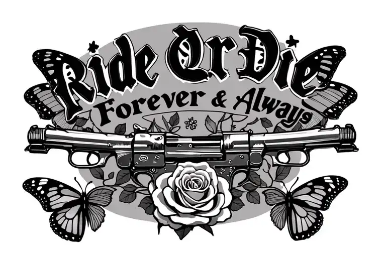"Ride Or Die Forever & Always" PATRICK WITH ROSES BUTTERFLIES GUNS AND ROSES tattoo design idea