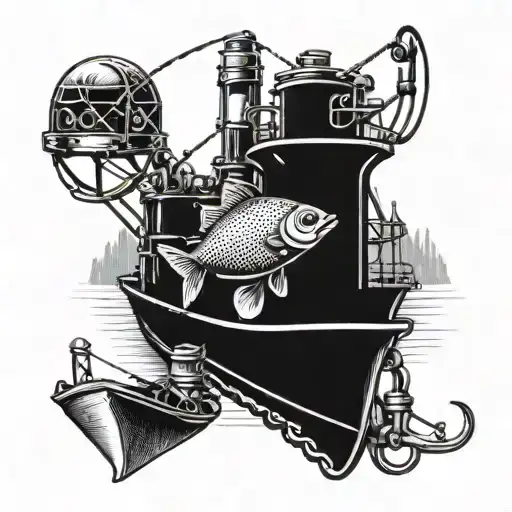 An intricate dotwork tattoo of a fishing lure surrounded by heavy equipment machinery, symbolizing the client's love for both fishing and their occupation tattoo design idea