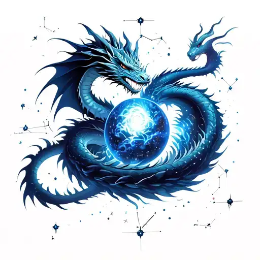 A majestic dragon coiled around a glowing cosmic sphere, surrounded by constellations  tattoo design idea