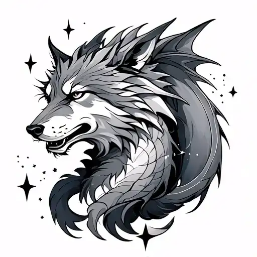 Wolf, Dragon, celestial with stars tattoo design idea