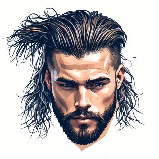 male with beard mullet hair focus tattoo design idea