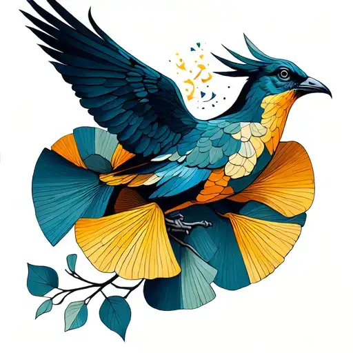 ginkgo leaves and liver bird flying tattoo design idea