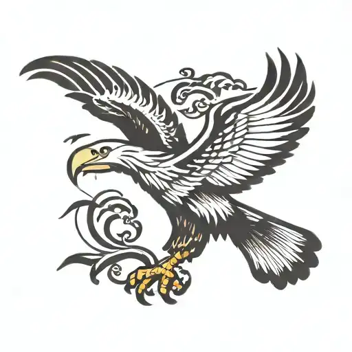Minimalist design of a tattoo with an eagle in flight, integrating the name “Auã” in Japanese (アウアン) in a harmonious way. tattoo design idea