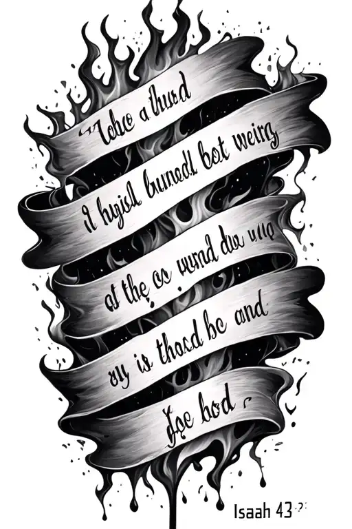 A page with the Bible verse Isaiah 43:2 in English, the page should look like it may have survived being wet and burned tattoo design idea