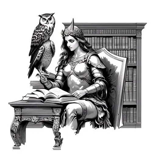 The goddess athena studying in a grand library with her armour and shield and her owl perched. The style should br reali tattoo design idea