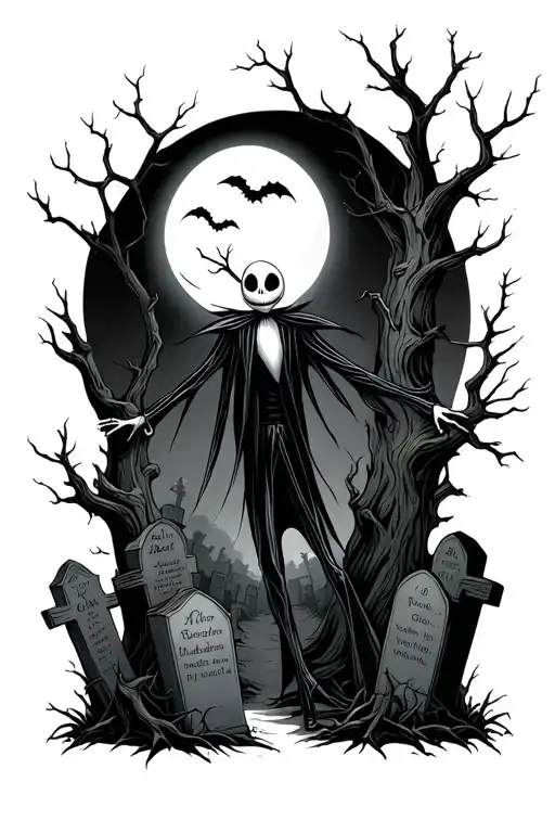 A haunted moonlit graveyard scene with Jack Skellington dancing among twisting trees, shadows, and ghostly figures surro tattoo design idea