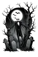 A haunted moonlit graveyard scene with Jack Skellington dancing among twisting trees, shadows, and ghostly figures surro tattoo design idea