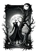 A haunted moonlit graveyard scene with Jack Skellington dancing among twisting trees, shadows, and ghostly figures surro tattoo design idea