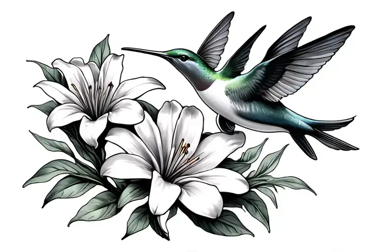 hummingbird, dolphin and cali lilly flower tattoo design idea