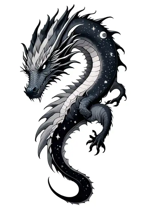 mythicsl dragon wrapped, celestial stars and moon phases tattoo design idea