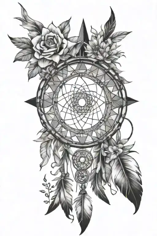 music, flowers, bohemian dream catcher, d triangles that merge tattoo design idea