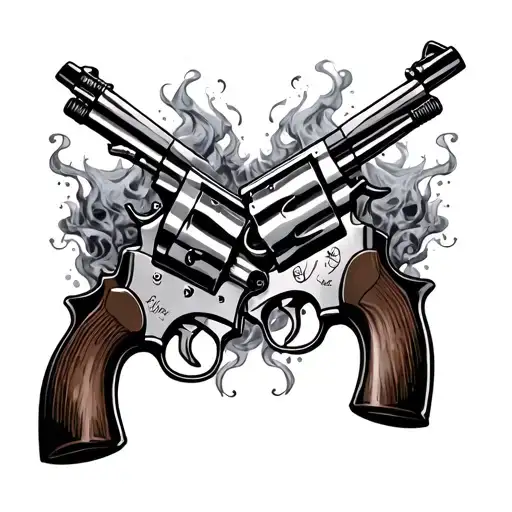 two revolvers crossing with skull and smoke around them  tattoo design idea