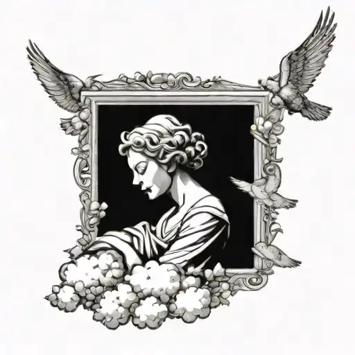 Angel resting on cloud with pigeons flying tattoo design idea