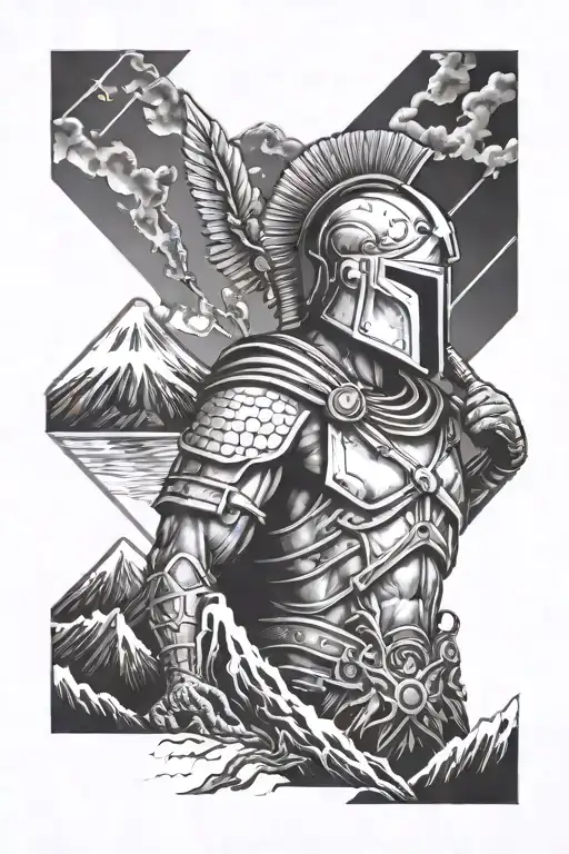 spartan soldier & volcano erupting tattoo design idea