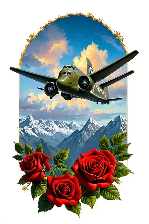Mountains with a U.S 1930 military plane flying with roses on the ground tattoo design idea