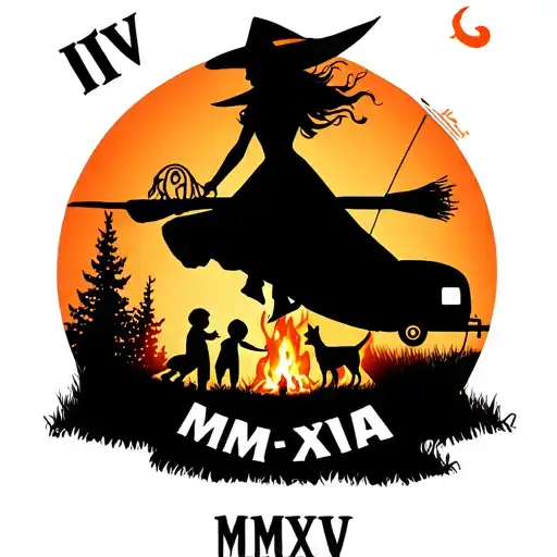 "IV V MMXIV" silhouette of busty sexy witch bride on broomstick over a campsite with a trailer and campfire with children & dog tattoo design idea