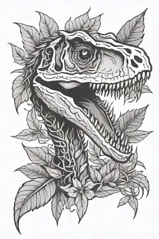 Jurassic Park velociraptor skull with leaves tattoo design idea