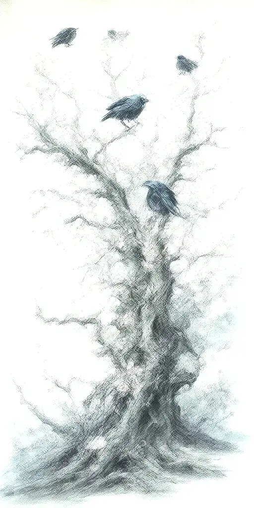 crooked scary looking tree wich gnarled and snapped branches. ravens perched amongst the branches roses weaving amongst tattoo design idea