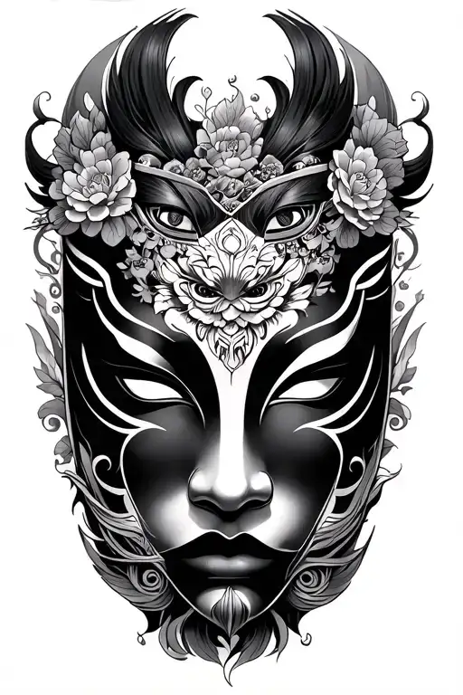 gemini japanese mask tattoo design idea