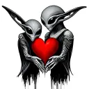 2 aliens each holding open 1 hand in the shape of a half heart, and when their hands touch it makes a complete heart tattoo design idea