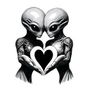 2 aliens each holding open 1 hand in the shape of a half heart, and when their hands touch it makes a complete heart tattoo design idea