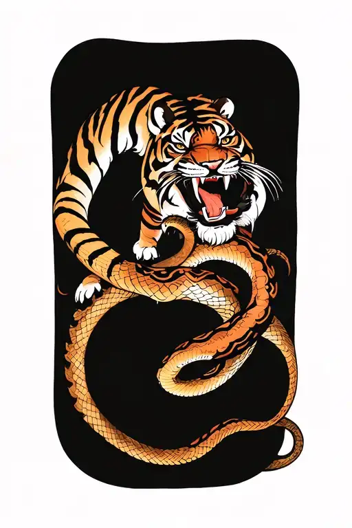 tiger biting into snake tattoo design idea