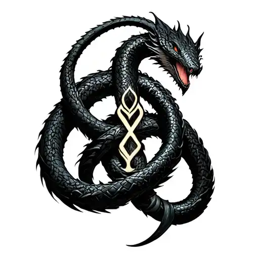 jormungandr. thick black bands. interlocked runes inside the knot. linear tattoo design idea