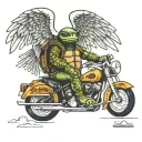 turtle riding a Harley Davidson with angel wings   tattoo design idea
