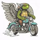 turtle riding a Harley Davidson with angel wings   tattoo design idea