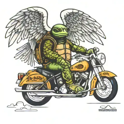 turtle riding a Harley Davidson with angel wings   tattoo design idea