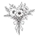Bouquet of October, November, and February birth flowers tied together with a bow fine line and dainty tattoo design idea