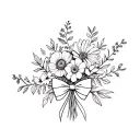 Bouquet of October, November, and February birth flowers tied together with a bow fine line and dainty tattoo design idea