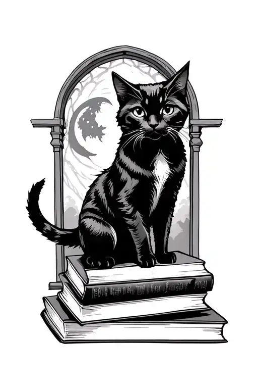 cat in front of gothic window with books moon dragon outside tattoo design idea