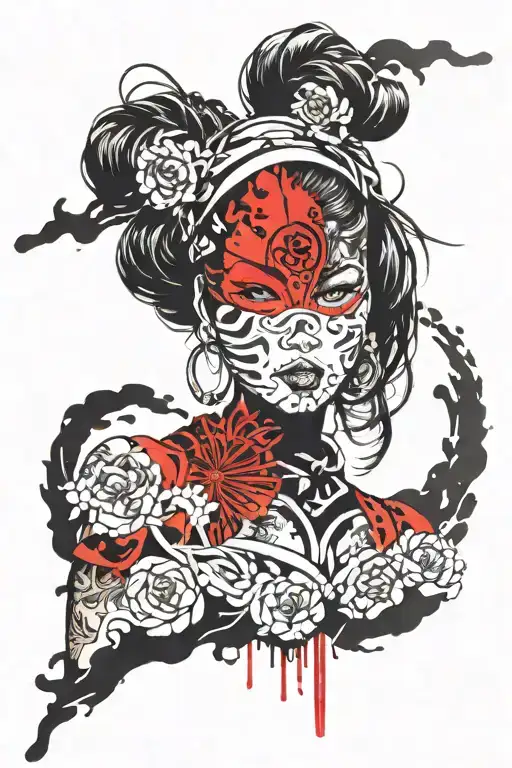 japanese girl with mask on head side in black and red trash polka style tattoo design idea