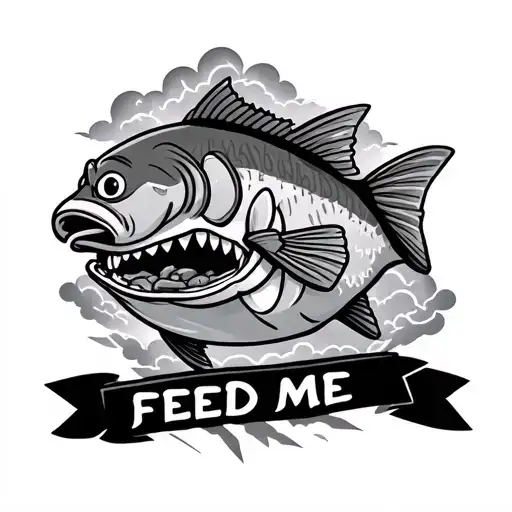 pudge the fish surrounded by clouds and lightning with a pb&j in his mouth and arches saying feed me tattoo design idea